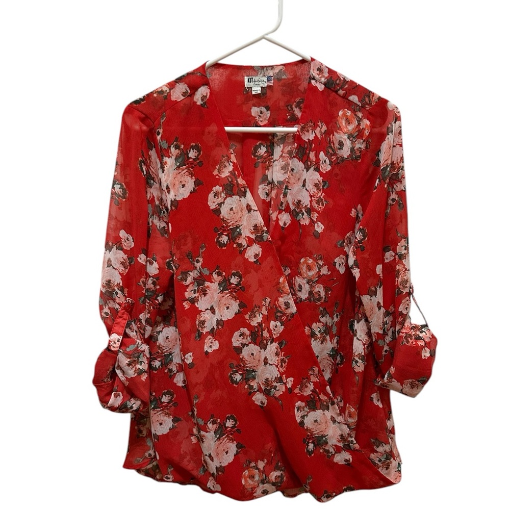 KUT From The Kloth Jenalee Surplice Wrap Blouse Size L Red Pink Floral Roll Tab